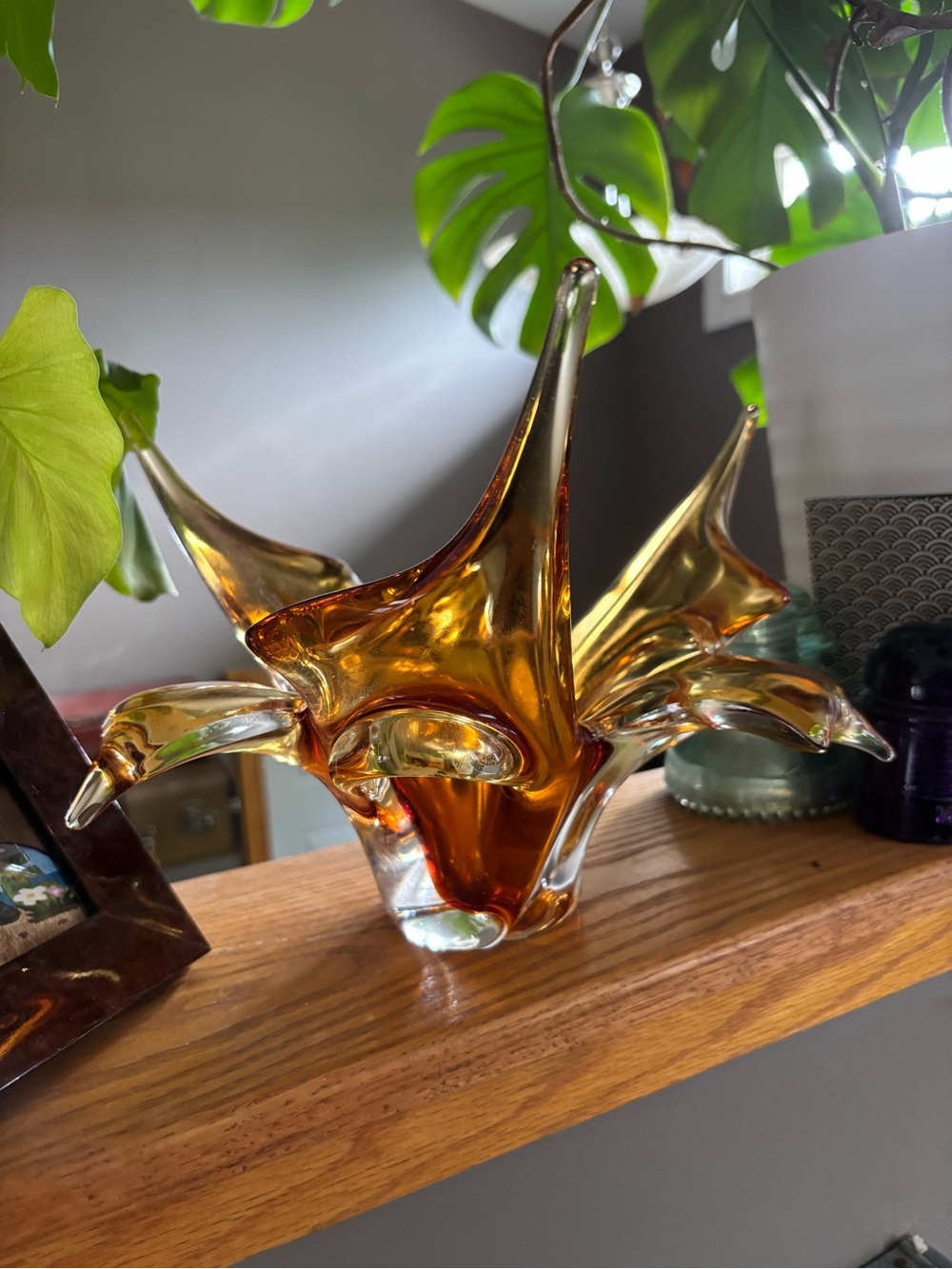 Hand-Blown Amber Art Glass Centerpiece